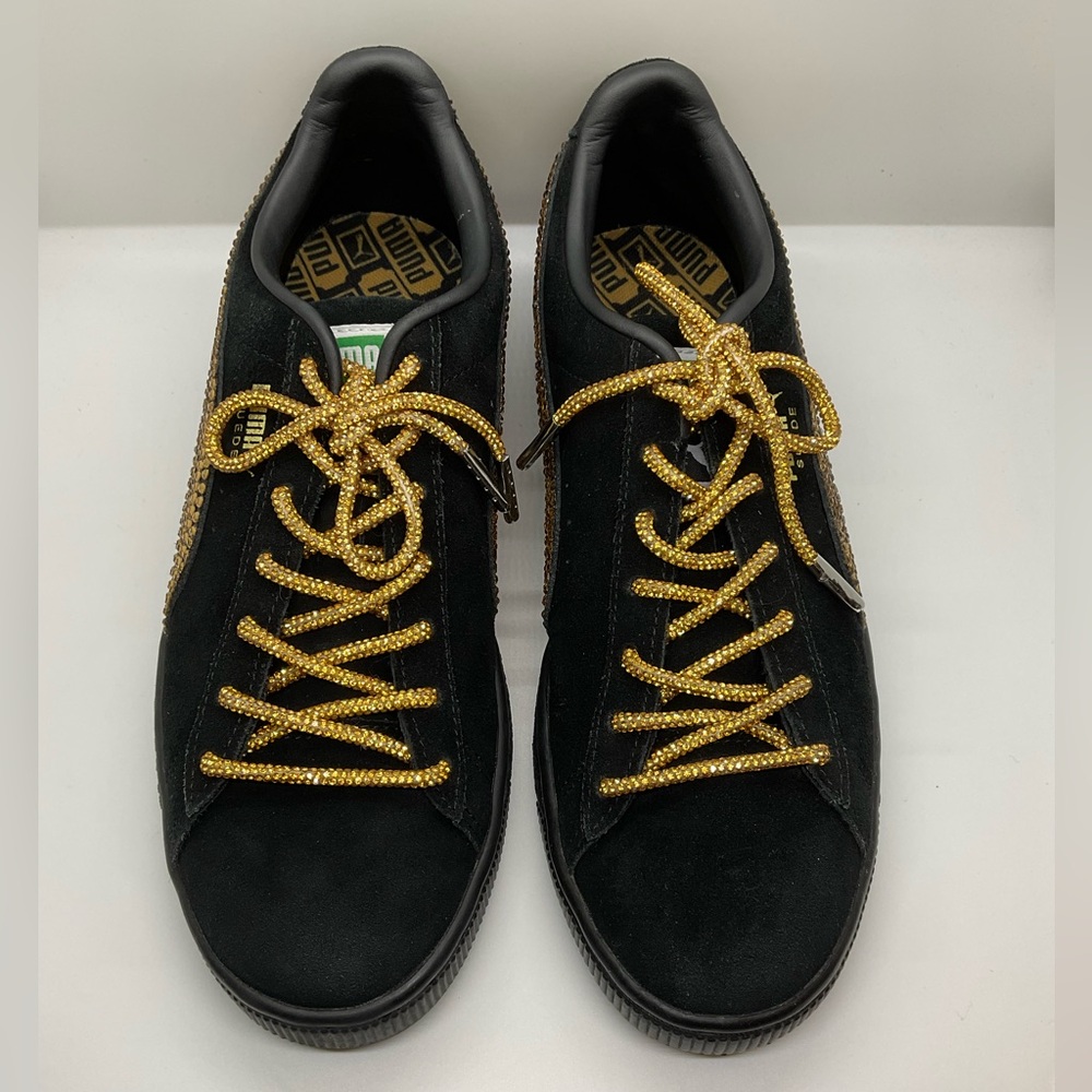 PUMA SUEDE CLASSIC Sneakers Womans 8 W/GOLD Swavorski Stones & Laces! BLK/BLK - Picture 3 of 12